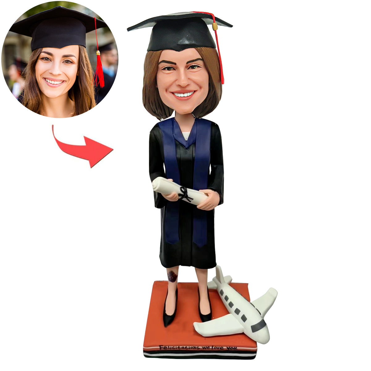 Bobblehead de remise de diplôme personnalisé avec modèle d'avion