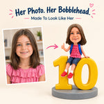 Figurine à tête branlante personnalisée pour fille, cadeau de 10e anniversaire, assise sur le chiffre 10