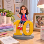 Figurine à tête branlante personnalisée pour fille, cadeau de 10e anniversaire, assise sur le chiffre 10
