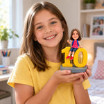 Figurine à tête branlante personnalisée pour fille, cadeau de 10e anniversaire, assise sur le chiffre 10
