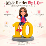 Figurine à tête branlante personnalisée pour fille, cadeau de 10e anniversaire, assise sur le chiffre 10