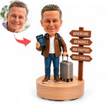 Figurine à tête branlante personnalisée sur mesure pour la retraite et les voyages avec base musicale rotative à 360°