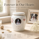Urne commémorative personnalisée en céramique pour animaux de compagnie avec photo et figurine personnalisées