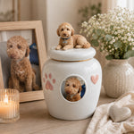 Urne commémorative personnalisée en céramique pour animaux de compagnie avec photo et figurine personnalisées