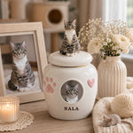 Urne commémorative personnalisée en céramique pour animaux de compagnie avec photo et figurine personnalisées